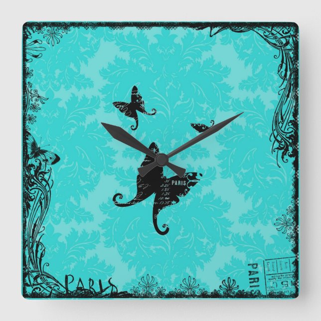 Butterflies och Paris Wall Clock Fyrkantig Klocka (Framsida)