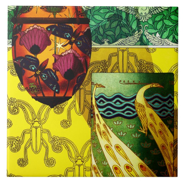 Butterflies och Poppies and Peacock Ceramic Tile Kakelplatta (Framsidan)