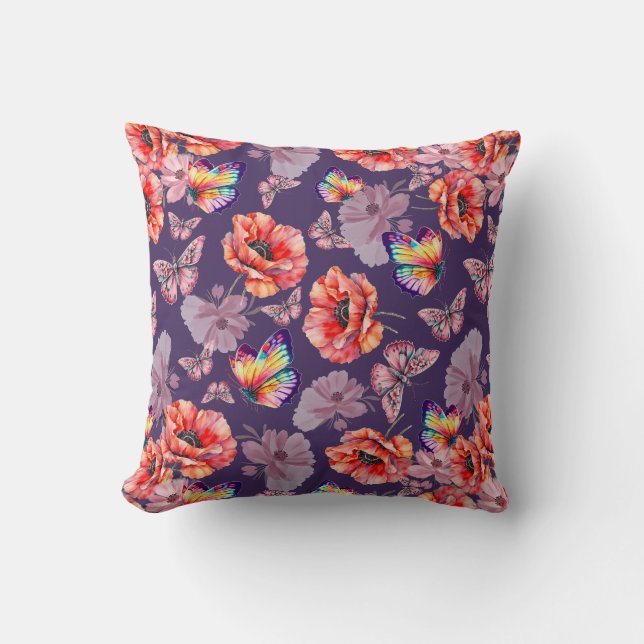 Butterflies och Poppy Flowers Kudde (Framsida)