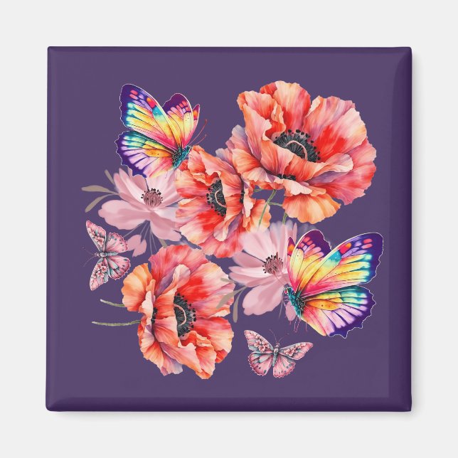 Butterflies och Poppy Flowers Magnet (Framsidan)