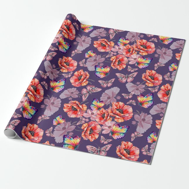 Butterflies och Poppy Flowers Presentpapper (Utrullad)