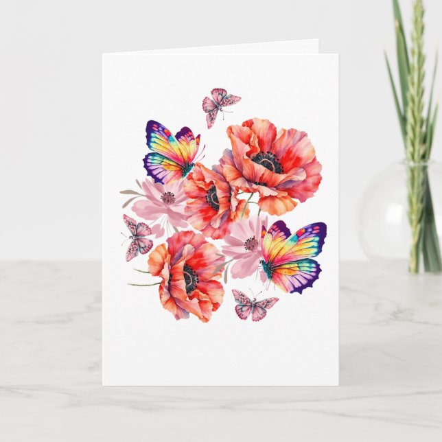 Butterflies och Poppy Flowers Tack Kort (Framsida)