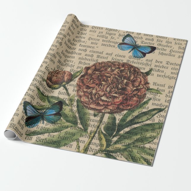 Butterflies och Poppy over Newspaper Presentpapper (Utrullad)