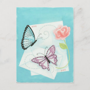 Butterflies och Rosa ros Watercolor Vykort