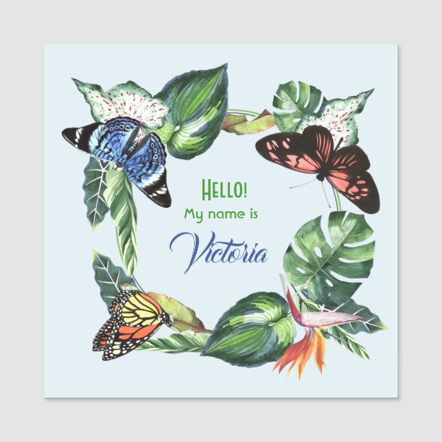 Butterflies och Tropical Löv Watercolor Namnbricka (Framsida)
