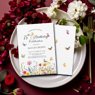 Butterflies och Wildblommor Elegant 75:e Birthday Inbjudningar
