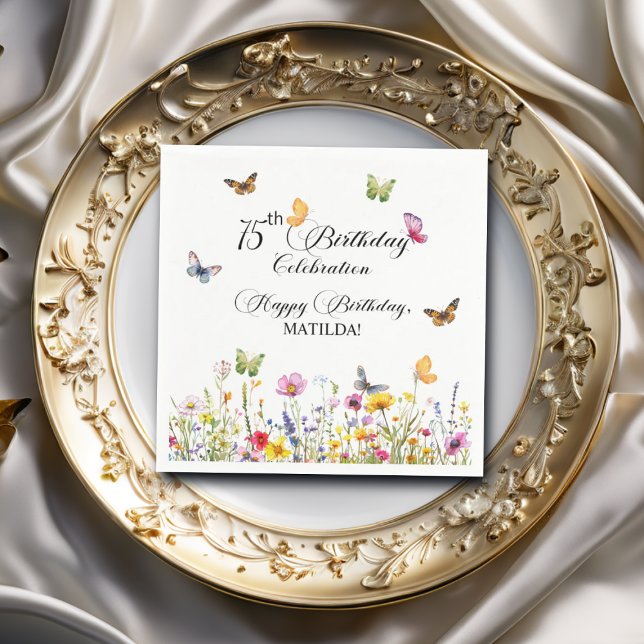 Butterflies och Wildblommor Elegant 75:e Birthday Pappersservett (Skapare uppladdad)