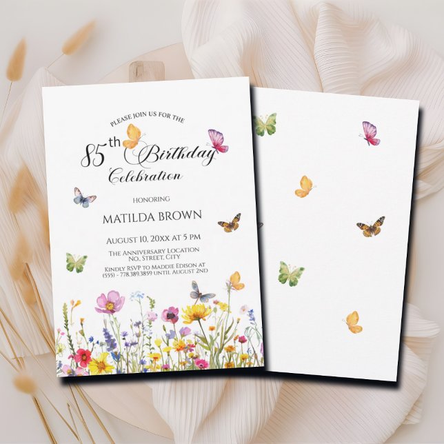 Butterflies och Wildblommor Elegant 85:e födelseda Inbjudningar (Skapare uppladdad)