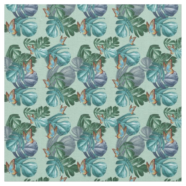 Butterflies of Paradise Tropical Stänk in Blues Tyg (Närbild)