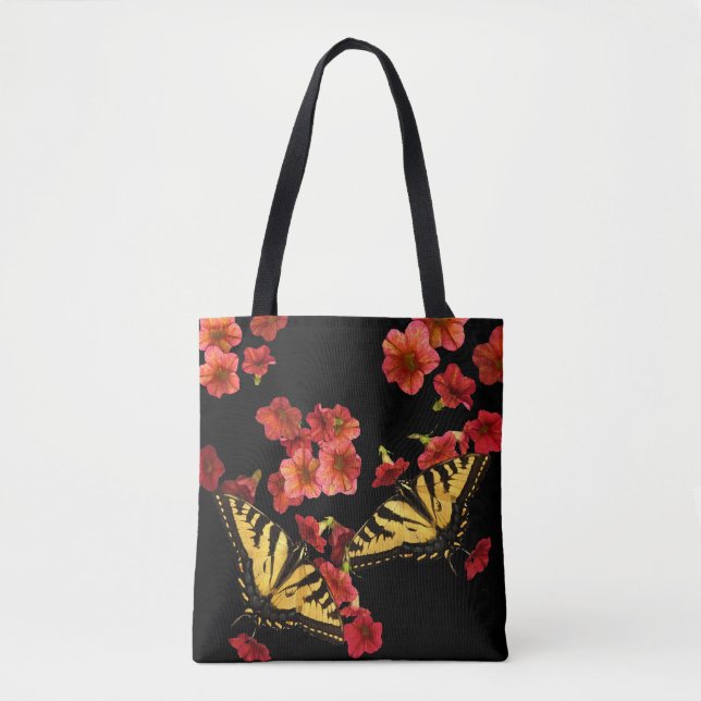 Butterflies on Garden Flowers Blommigt Tote Bag Tygkasse (Framsida)