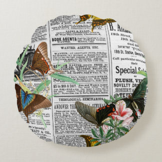 Butterflies on Newspaper Rund Kudde