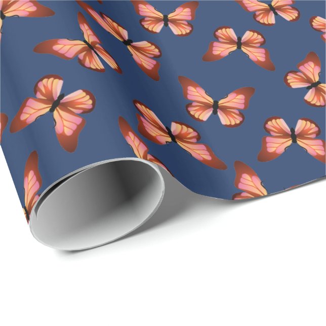 Butterflies Orange Rosa Black Mönster Presentpapper (Rullad Hörn)