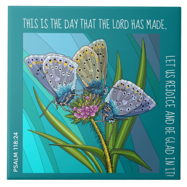 Butterflies på blomman med verst från Psalm 118:24 Kakelplatta (Framsidan)