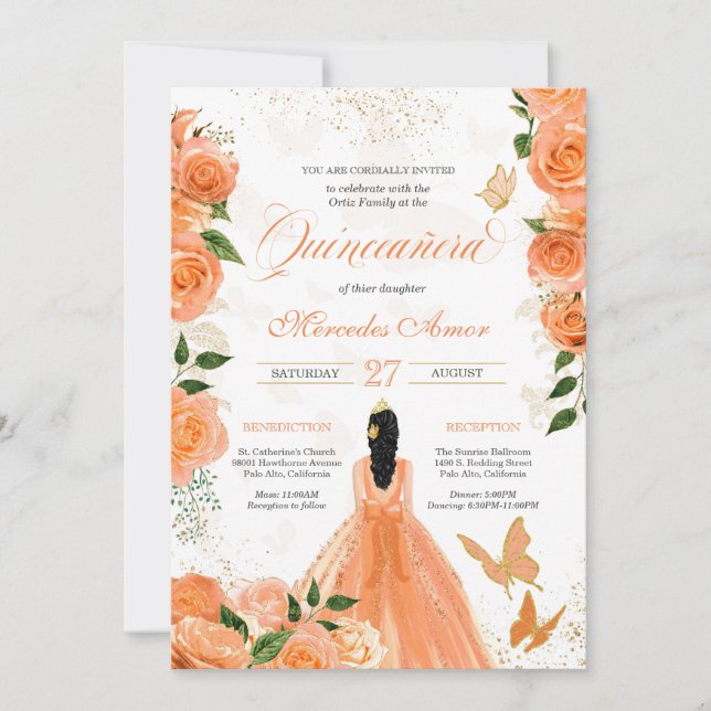 Butterflies & Peach Ro Quinceanera-inbjudan Inbjudningar (Framsida)
