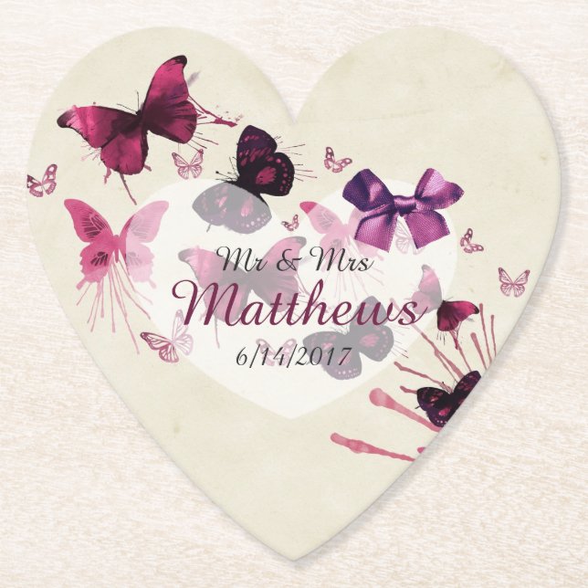 Butterflies Personlig Bröllop Heart Underlägg Papper (Framsida)