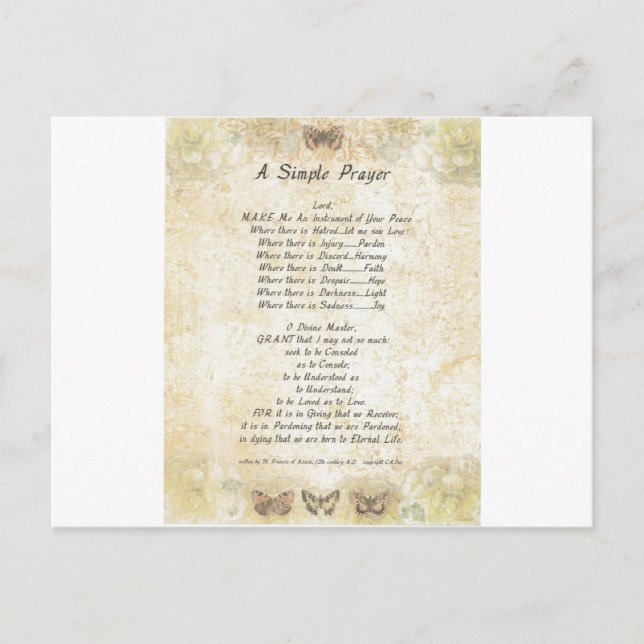 butterflies=pope francis=st. francis SIMPLE PRAYER Vykort (Framsida)