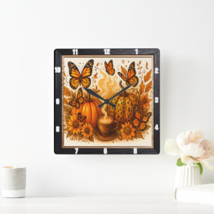 Butterflies Pumpkin Coffee Autumn Fyrkantig Klocka