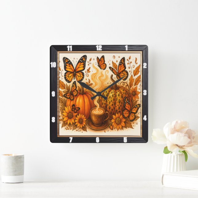 Butterflies Pumpkin Coffee Autumn Fyrkantig Klocka (Hem)