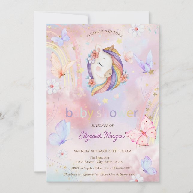 Butterflies Rainbow Blommigt Unicorn Baby Shower Inbjudningar (Framsida)