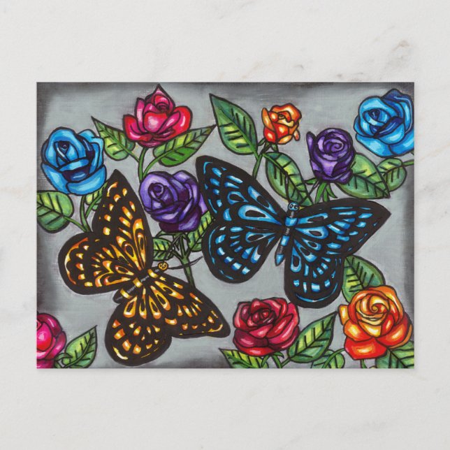 Butterflies ro blommor original art teckning vykort (Framsida)