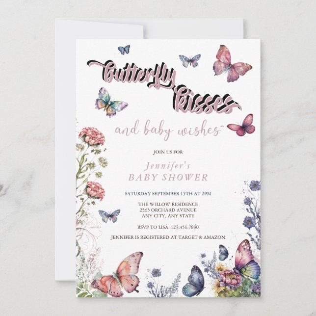 Butterflies Rosa Lila | Blommigt Baby Shower Inbjudningar (Framsida)