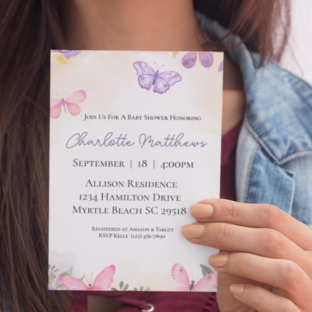 Butterflies Rosa Lila Girls Baby Shower Inbjudningar (Skapare uppladdad)