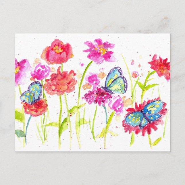 Butterflies Rosa Watercolor Wildblommor Vykort (Framsida)