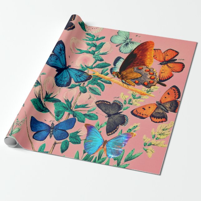BUTTERFLIES ROSA WRAPPING PAPPER PRESENTPAPPER (Utrullad)