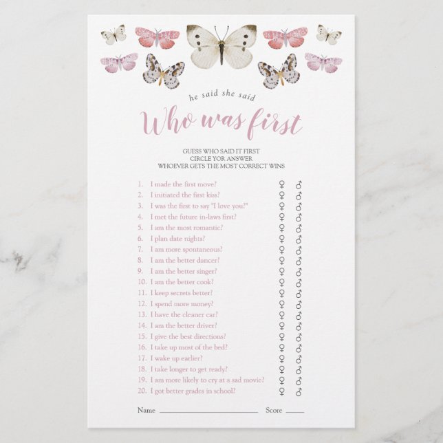 Butterflies sa att hon sa att Rosa Shower Game (Framsida)