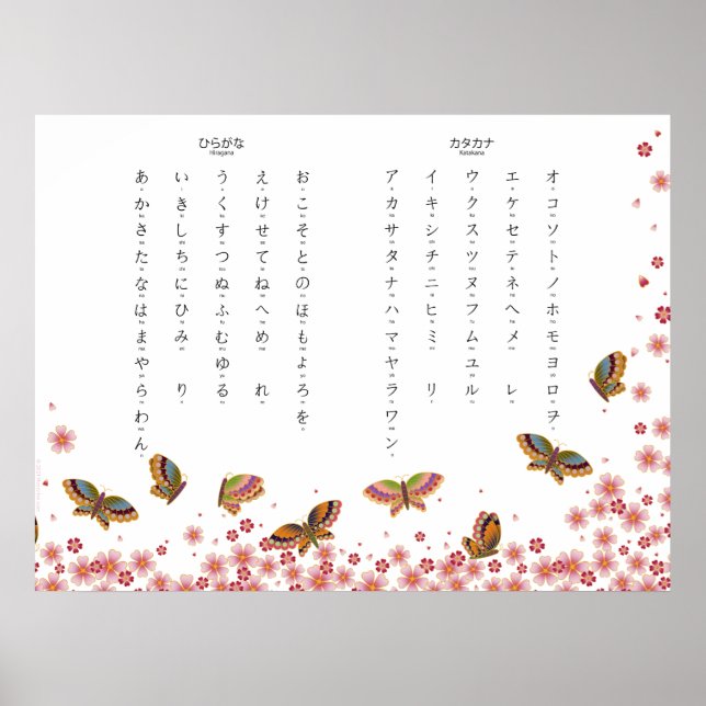 Butterflies & Sakura Hiragana Katakana Japansk Po Poster (Framsidan)