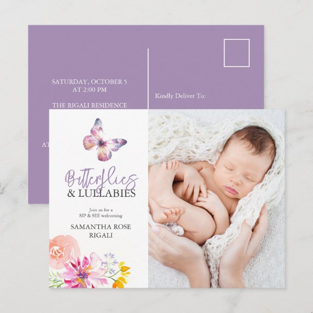 Butterflies Sip och See Baby Shower Inbjudan (Fram/baksida)