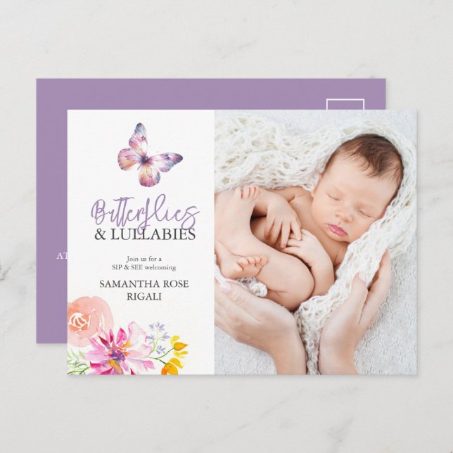 Butterflies Sip och See Baby Shower Inbjudan (Fram/baksida)