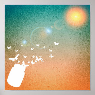 Butterflies som flyger mot Sol Poster