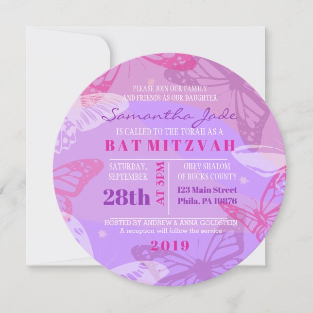 BUTTERFLIES & STARS Round, Bat mitzvah inbjudan (Framsida)