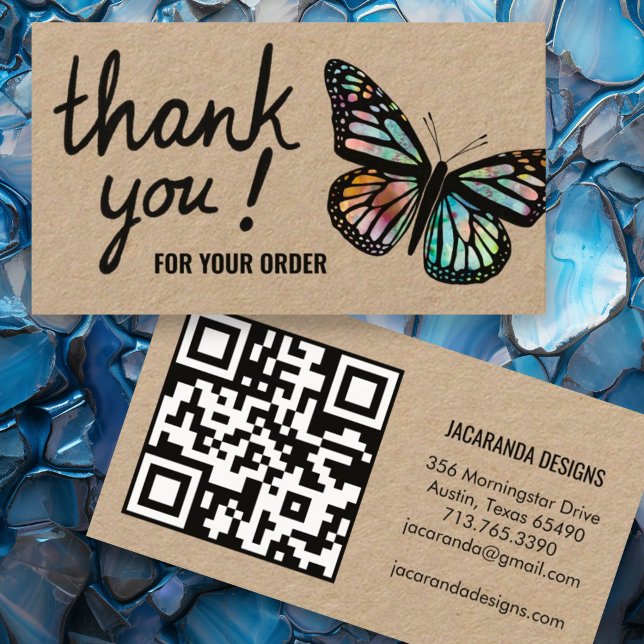 Butterflies-Tack för din order QR-kod Kraft Visitkort (Kraft paper custom thank you for your order business cards with QR code and butterfly design)
