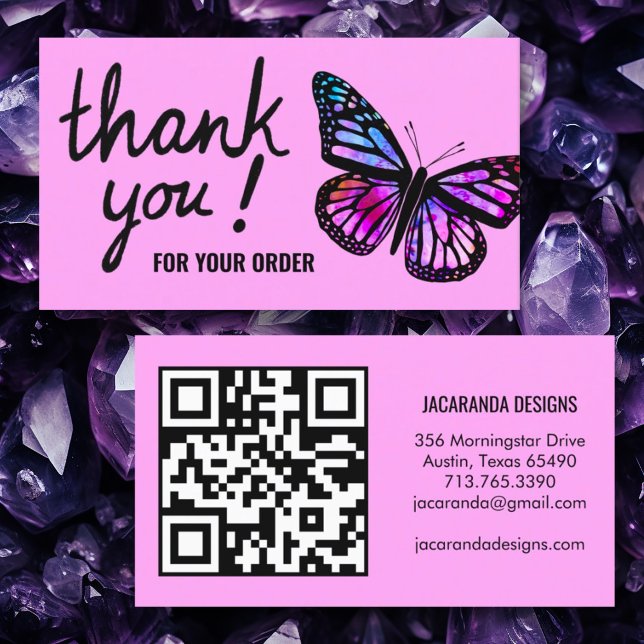 Butterflies-Tack för orderns QR-kod Visitkort (Custom thank you card with butterfly and custom QR code in purple. Order thank you card)