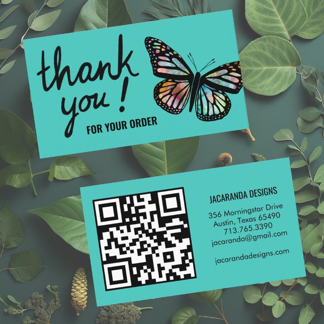 Butterflies-Tack för orderns QR-kod Visitkort (Order thank you card with custom QR code and beautiful butterfly design in teal.)