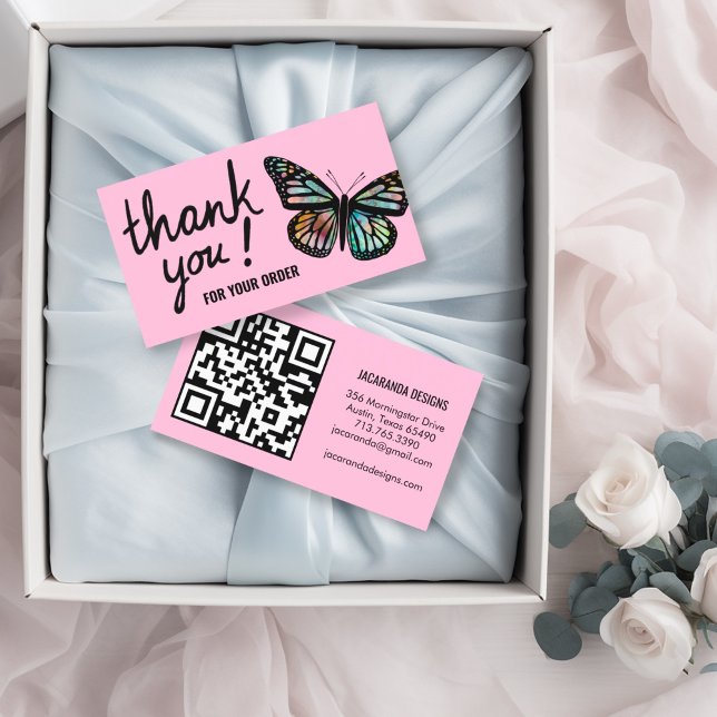 Butterflies-Tack för orderns QR-kod Visitkort (Fun butterfly thank you business cards with QR code)