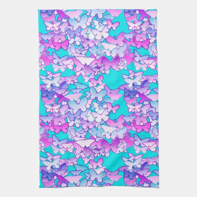 Butterflies, violett och turkos kökshandduk (Vertikal)