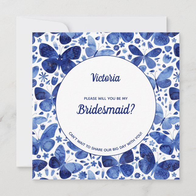 Butterflies Watercolor Blue be my Bridesmaid Inbjudningar (Framsida)