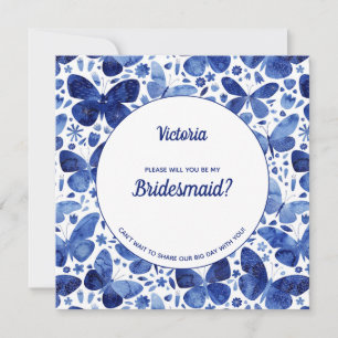 Butterflies Watercolor Blue be my Bridesmaid Inbjudningar