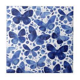 Butterflies Watercolor Blue Ceramic Tile Kakelplatta