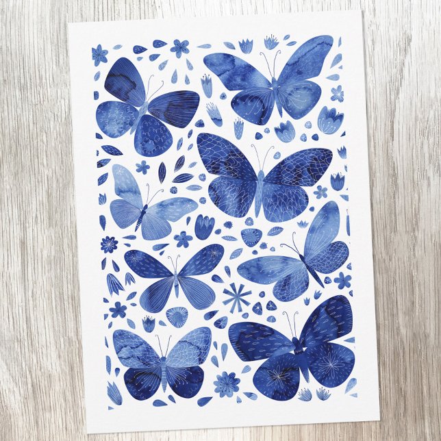 Butterflies Watercolor Blue Hälsning Card (Blue and white watercolor butterfly painting greetings card)