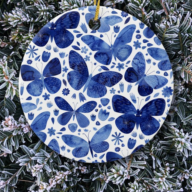 Butterflies Watercolor Blue Julgransprydnad Keramik (Blue and white butterfly pattern  ceramic Christmas ornament)