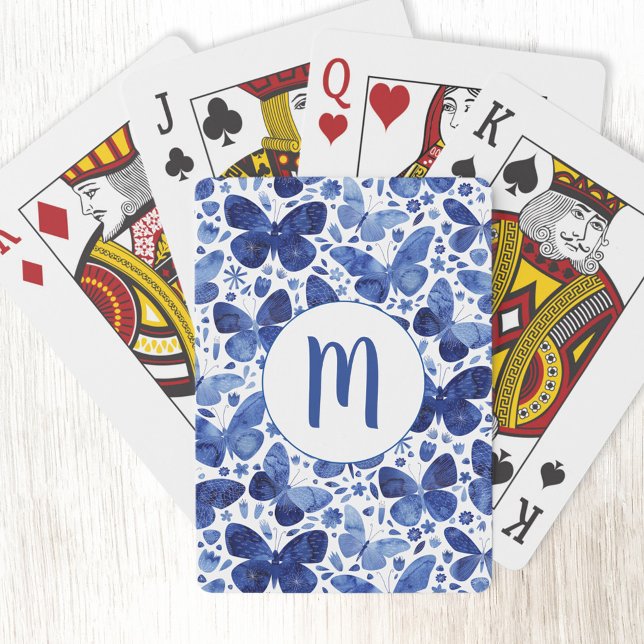 Butterflies Watercolor Blue Monogram Casinokort (Blue and white butterfly watercolor monogram initial personalized playing cards)