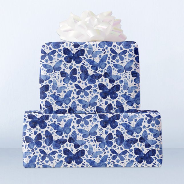 Butterflies Watercolor Blue Presentpapper (Pretty watercolor indigo blue and white butterfly pattern gift wrapping paper)