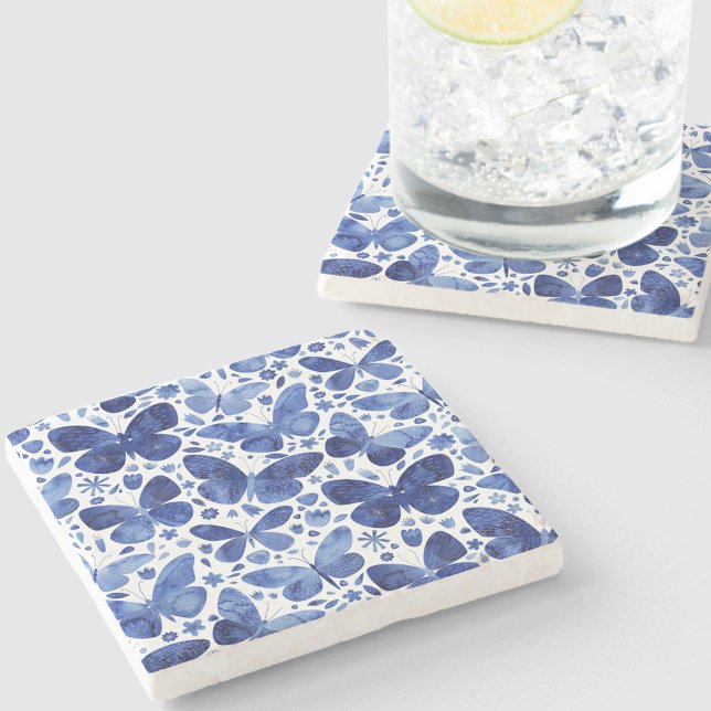 Butterflies Watercolor Blue Stenunderlägg (Blue watercolor butterfly pattern stone coaster)