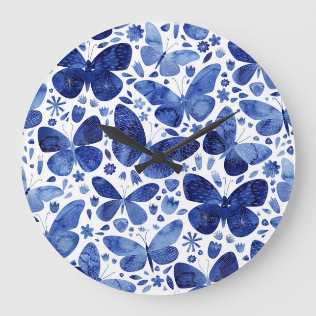 Butterflies Watercolor Blue Stor Klocka (Framsida)