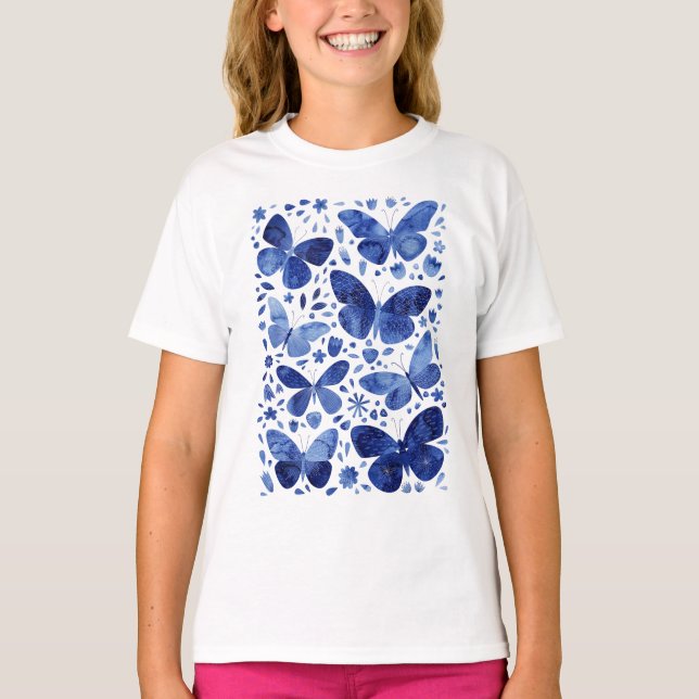 Butterflies Watercolor Blue T Shirt (Framsida)