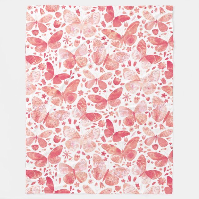 Butterflies Watercolor Coral Rosa Fleecefilt (Framsidan)